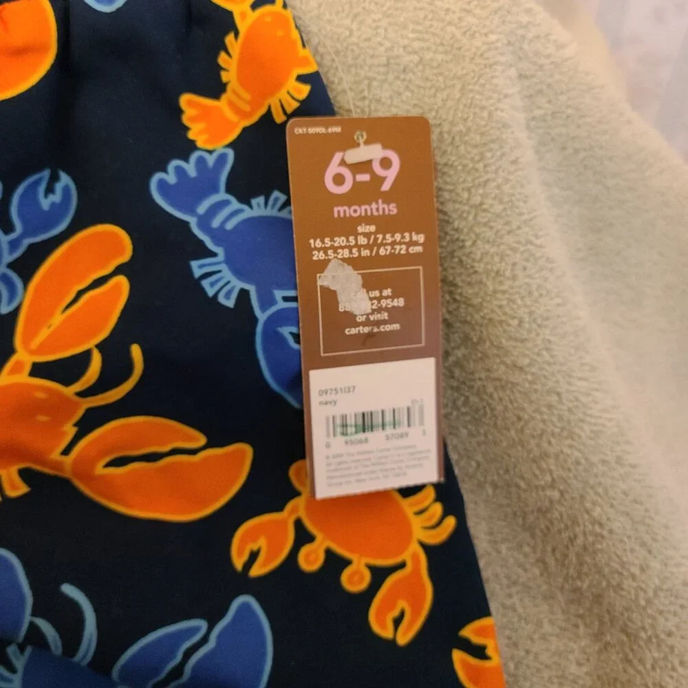 CARTERS LITTLE BOYS SWIM TRUNKS -6 TO 9 MONTHS - LOBSTER AND CRABS-NWT